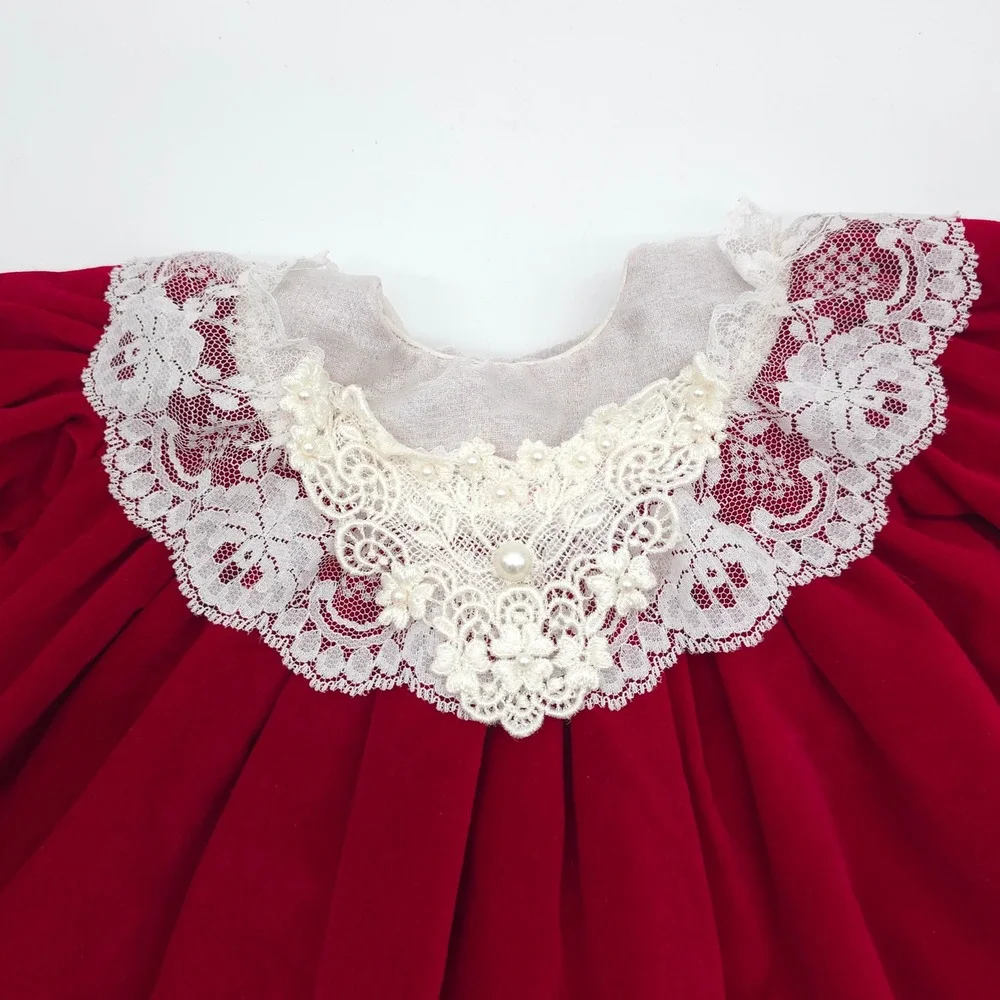 MiniWorld Baby Girl Red Velvet Lace Christmas Dress Vintage 80s Size 3 Months